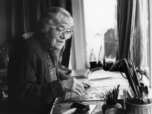 Sybil Andrews in her studio, circa 1980